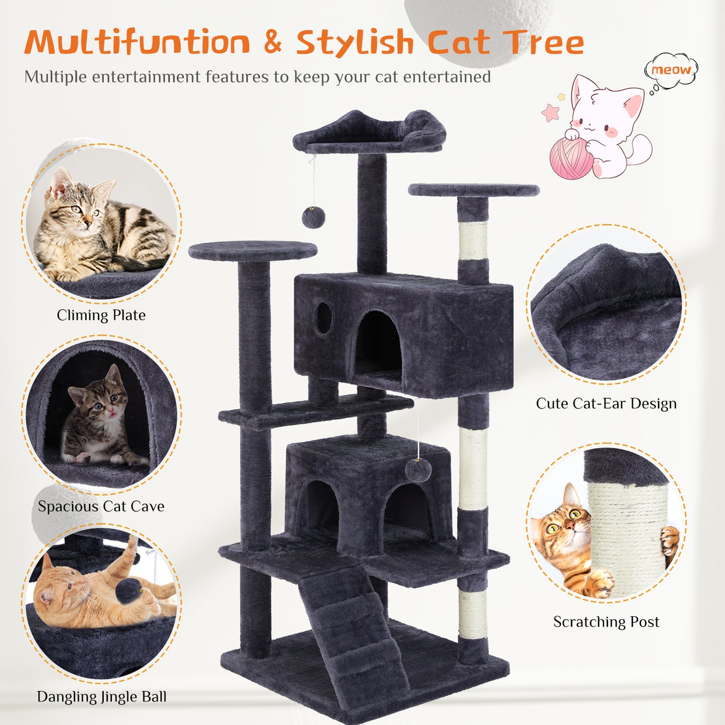 Cat Tree Tower – Multi-Level Condo with Sisal Posts, Ladder & Plush Toys