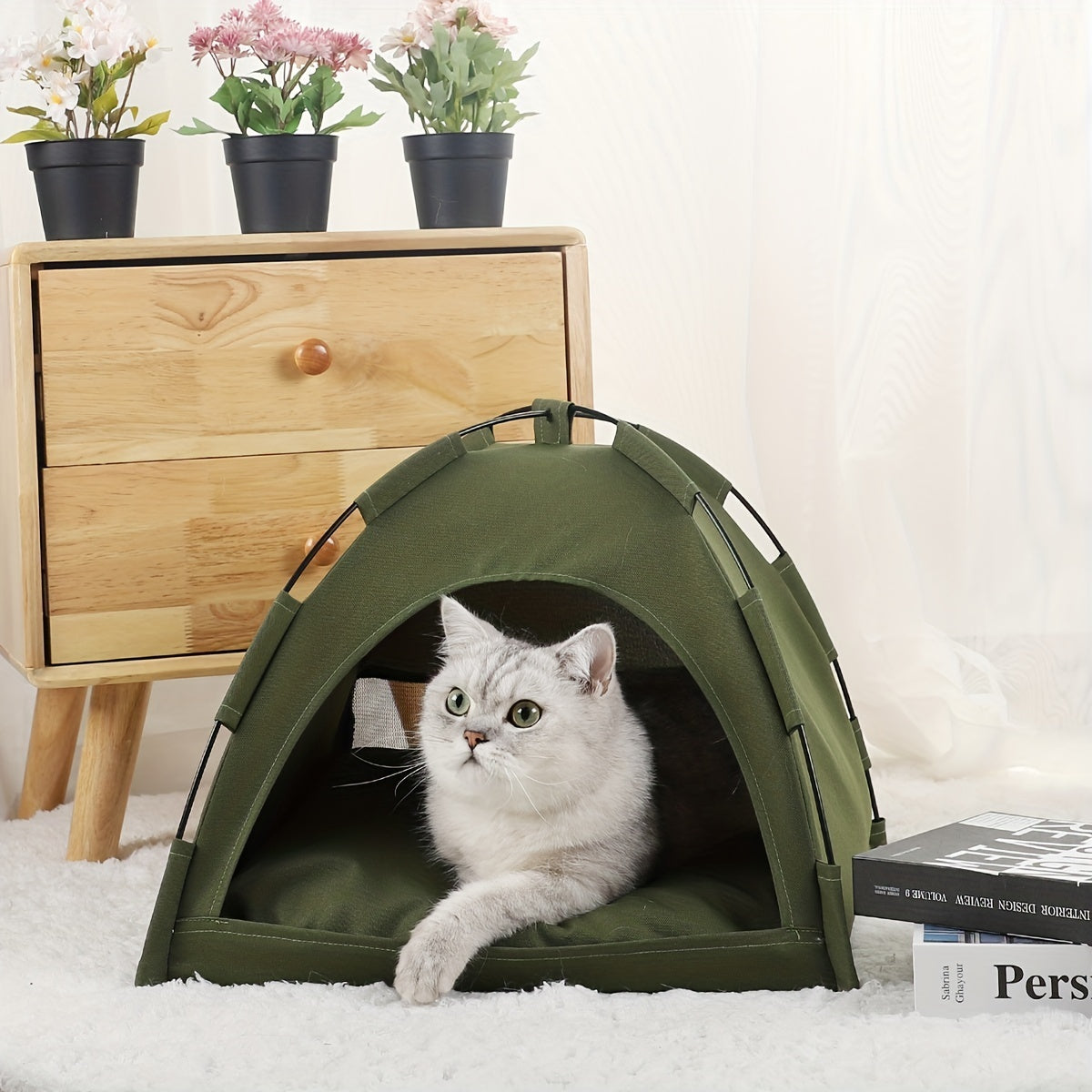 Cat Tent Bed with Removable Non-Slip Soft Pad – Portable, Breathable, Self-Cooling Kitten Tent Mat.