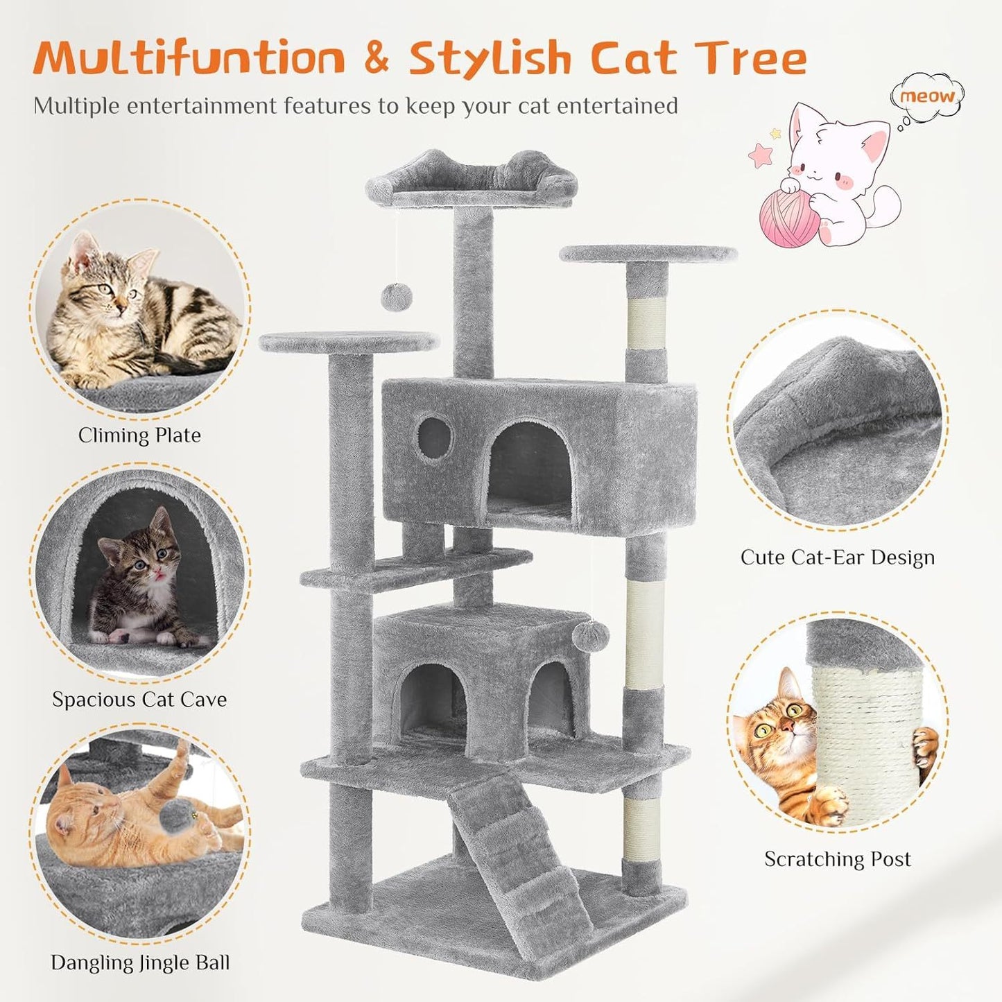 Cat Tree Tower – Multi-Level Condo with Sisal Posts, Ladder & Plush Toys